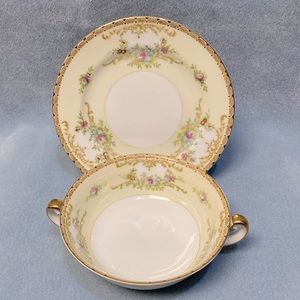 Meito Garland Floral Scroll in Cream Footed Soup Bowl and Saucer